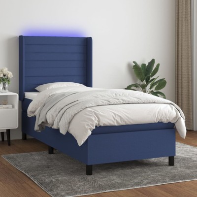 Cama box spring colchón y luces LED tela azul 80x200 cm