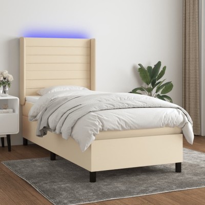 Cama box spring colchón y luces LED tela crema 100x200 cm