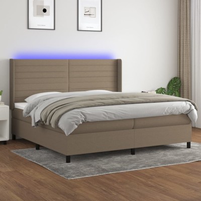 Cama box spring colchón y luces LED tela gris taupe 200x200 cm