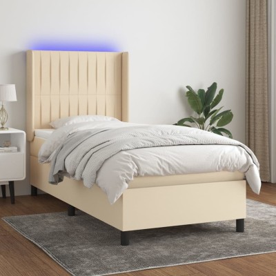 Cama box spring colchón y luces LED tela crema 100x200 cm