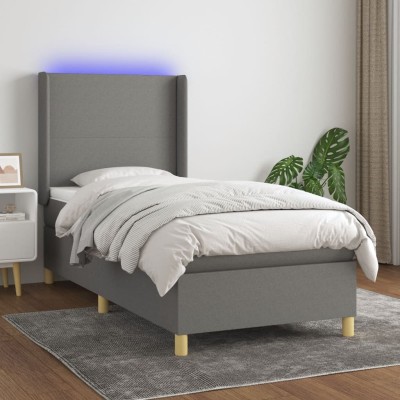 Cama box spring colchón y luces LED tela gris oscuro 100x200 cm