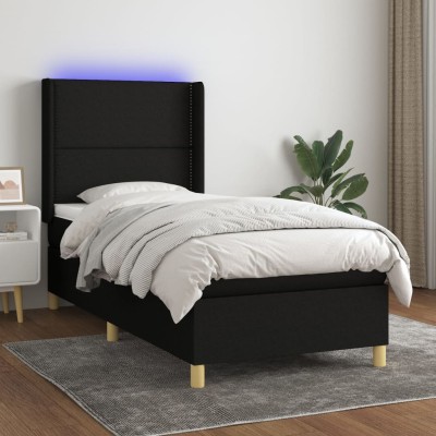 Cama box spring colchón y luces LED tela negro 90x190 cm