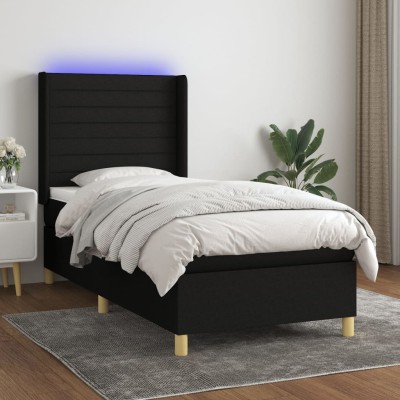 Cama box spring colchón y luces LED tela negro 100x200 cm