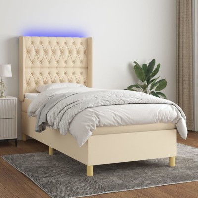 Cama box spring colchón y luces LED tela color crema 90x190 cm