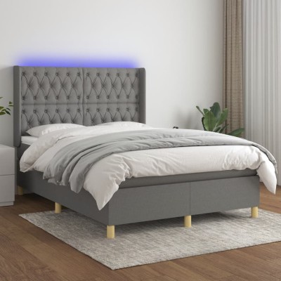 Cama box spring colchón y luces LED tela gris oscuro 140x200 cm