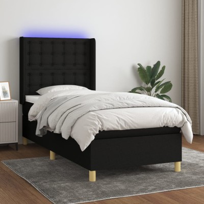 Cama box spring colchón y luces LED tela negro 90x200 cm