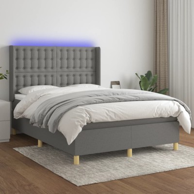 Cama box spring colchón y luces LED tela gris oscuro 140x190 cm