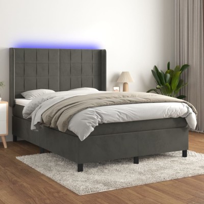 Cama box spring colchón y LED terciopelo gris oscuro 140x200 cm