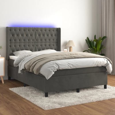 Cama box spring colchón y LED terciopelo gris oscuro 140x200 cm