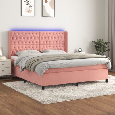 Cama box spring colchón y LED terciopelo rosa 180x200 cm