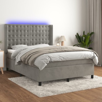 Cama box spring colchón y LED terciopelo gris claro 140x190 cm