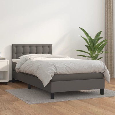 Cama box spring con colchón cuero sintético gris 90x200 cm