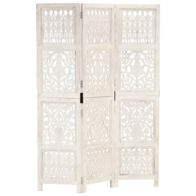 Biombo 3 paneles tallado a mano madera mango blanco 120x165 cm