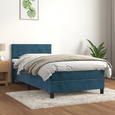Cama box spring con colchón terciopelo azul oscuro 80x200 cm