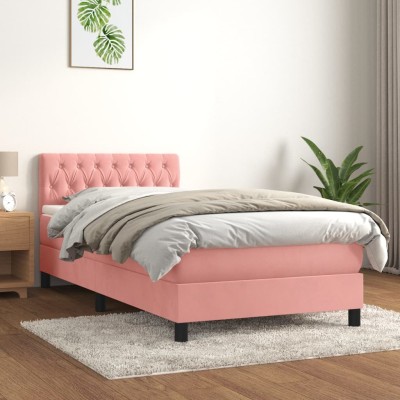 Cama box spring con colchón terciopelo rosa 100x200 cm