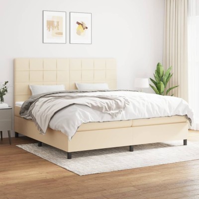 Cama box spring con colchón tela color crema 200x200 cm