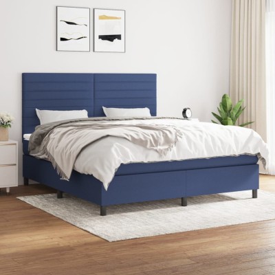 Cama box spring con colchón tela azul 160x200 cm