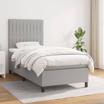 Cama box spring con colchón tela gris claro 100x200 cm