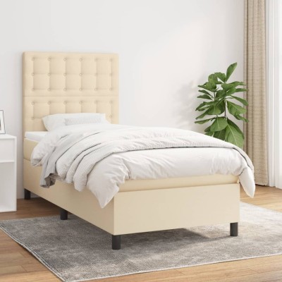 Cama box spring con colchón tela color crema 90x200 cm