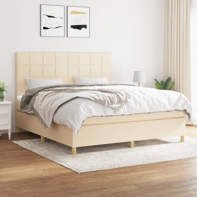 Cama box spring con colchón tela color crema 160x200 cm