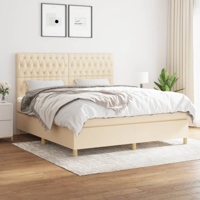 Cama box spring con colchón tela color crema 180x200 cm