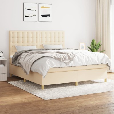 Cama box spring con colchón tela color crema 180x200 cm