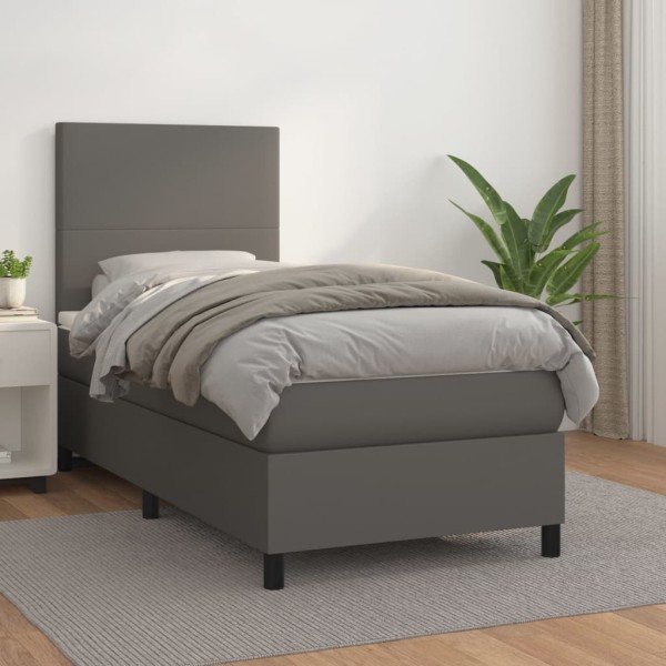 Cama box spring con colchón cuero sintético gris 100x200 cm