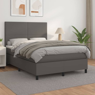 Cama box spring con colchón cuero sintético gris 140x200 cm