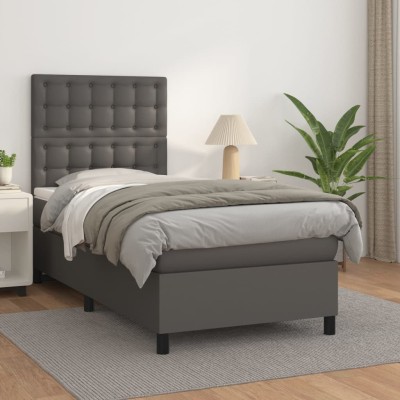 Cama box spring con colchón cuero sintético gris 100x200 cm