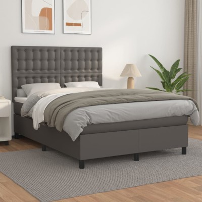 Cama box spring con colchón cuero sintético gris 140x190 cm
