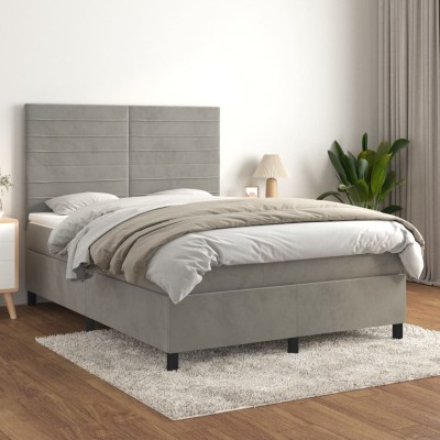 Cama box spring con colchón terciopelo gris claro 140x200 cm