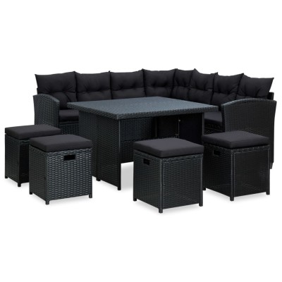 Set muebles de jardín 6 piezas y cojines ratán sintético negro