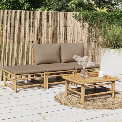 Set de muebles de jardín 4 piezas bambú y cojines gris taupe