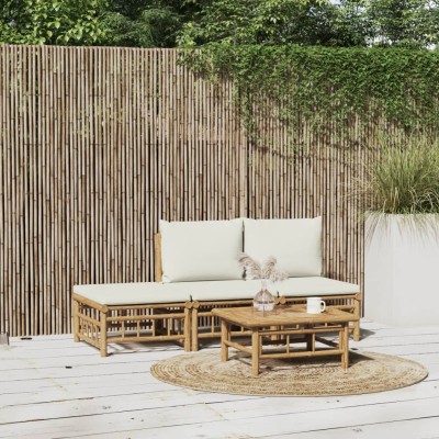 Set de muebles de jardín 4 piezas bambú y cojines blanco crema