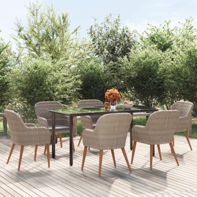 Juego de comedor para jardín 7 piezas con cojines marrón