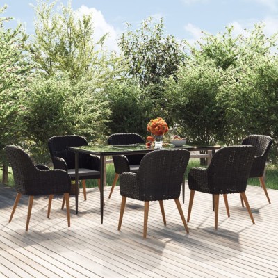 Juego de comedor de jardín 7 piezas con cojines negro