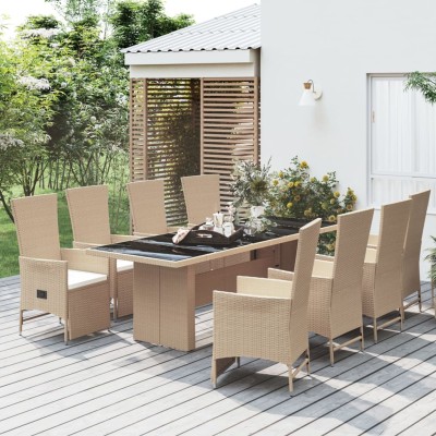 Set comedor de jardín 9 pzas con cojines ratán sintético beige