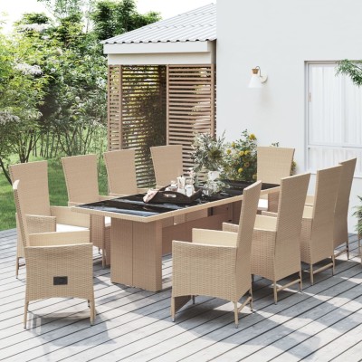 Set comedor de jardín 11 pzas con cojines ratán sintético beige
