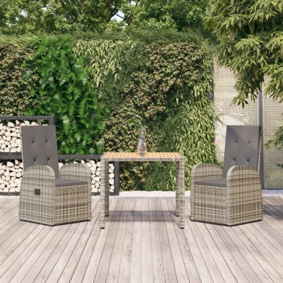 Set comedor de jardín 3 piezas con cojines ratán sintético gris