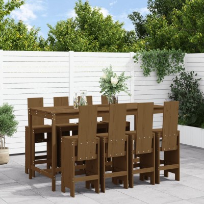 Mesa y taburetes altos de jardín 9 pzas madera pino marrón miel