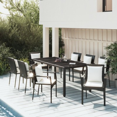 Set de comedor de jardín 9 pzas y cojines ratán sintético negro