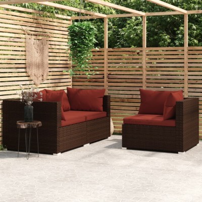 Set muebles de jardín 3 piezas y cojines ratán sintético marrón
