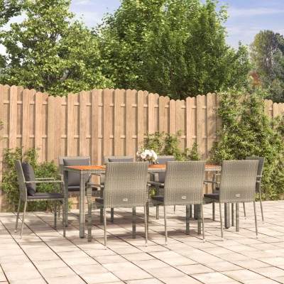 Set comedor jardín 9 pzas y cojines ratán sintético gris