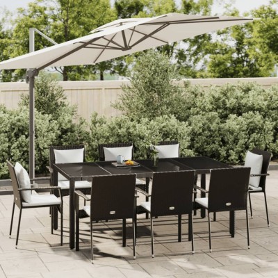 Set de comedor de jardín 9 pzas y cojines ratán sintético negro