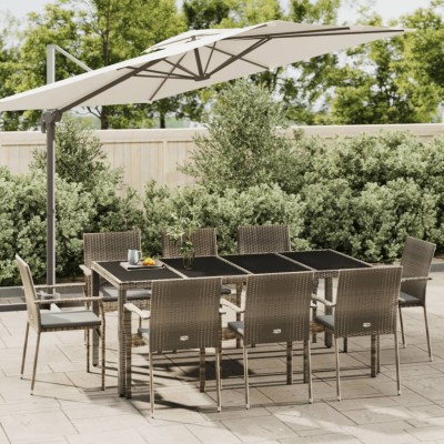 Set comedor jardín 9 pzas y cojines ratán sintético gris