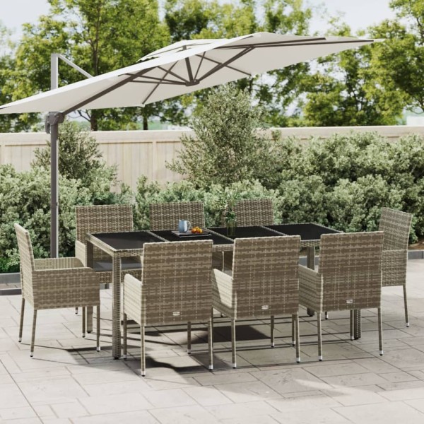 Set comedor jardín 9 pzas y cojines ratán sintético gris