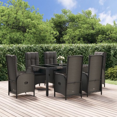 Set comedor jardín 7 pzas y cojines ratán sintético negro gris