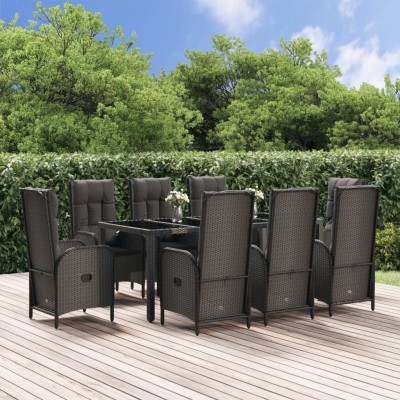 Set comedor jardín 9 pzas y cojines ratán sintético negro gris