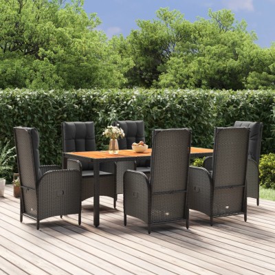 Set de comedor de jardín 7 pzas y cojines ratán sintético negro