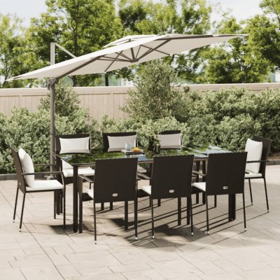 Set de comedor de jardín 9 pzas y cojines ratán sintético negro